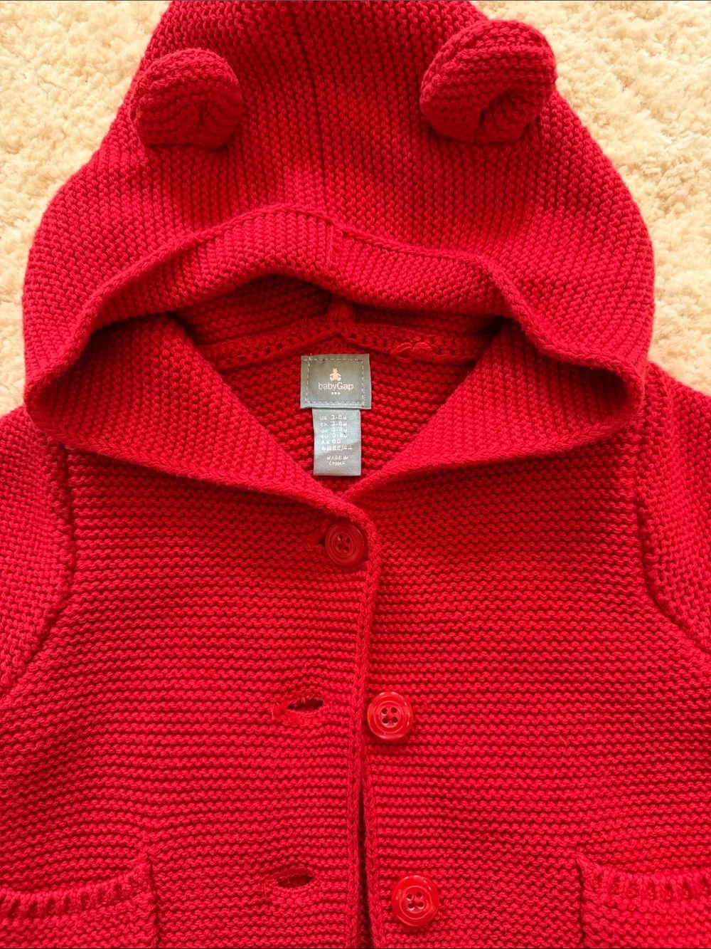 GAP Red Hooded Knit Baby Jacket with Ear Details